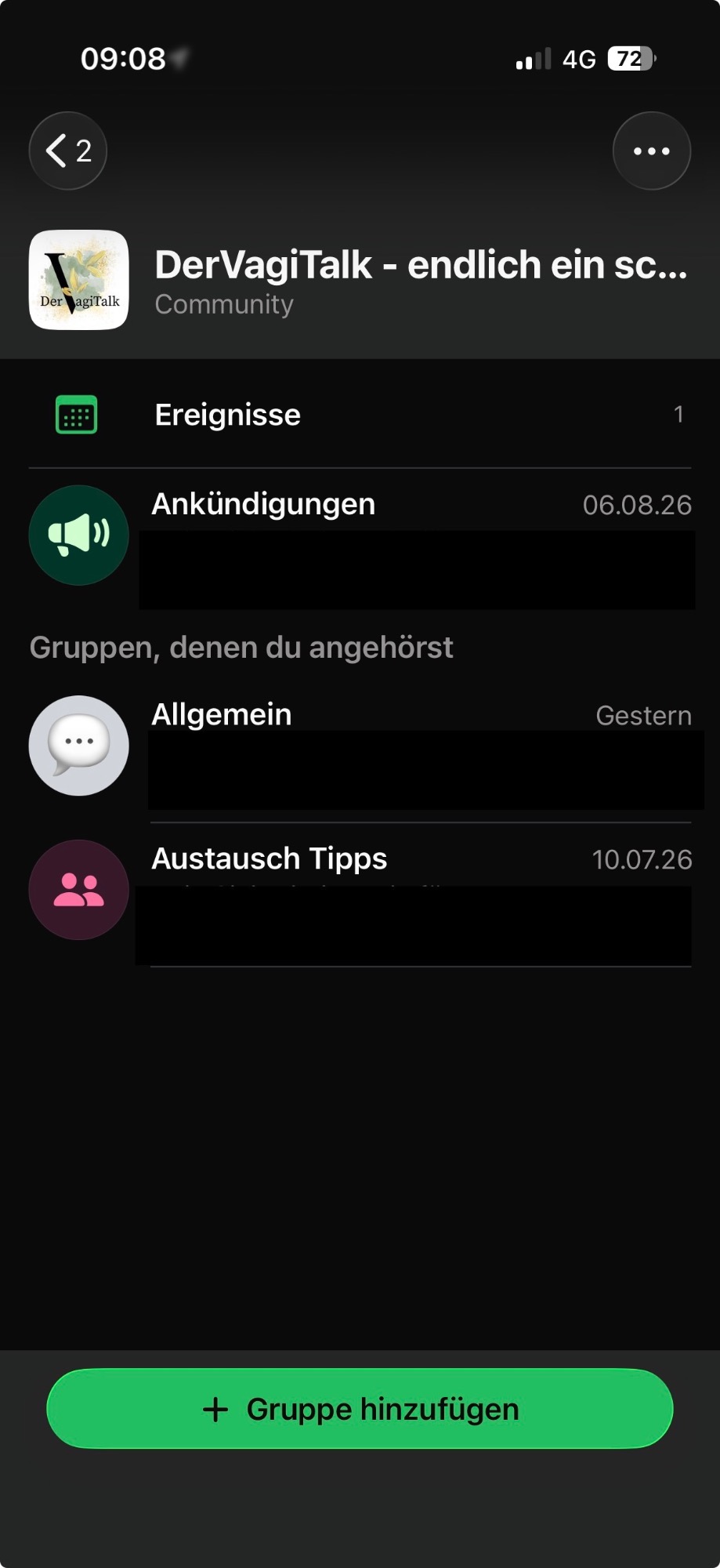 So sieht die Community aus. Die Ankündigungen sind anonym. Wahlweise kannst du am Chat teilnehmen, dieser ist nicht anonym.